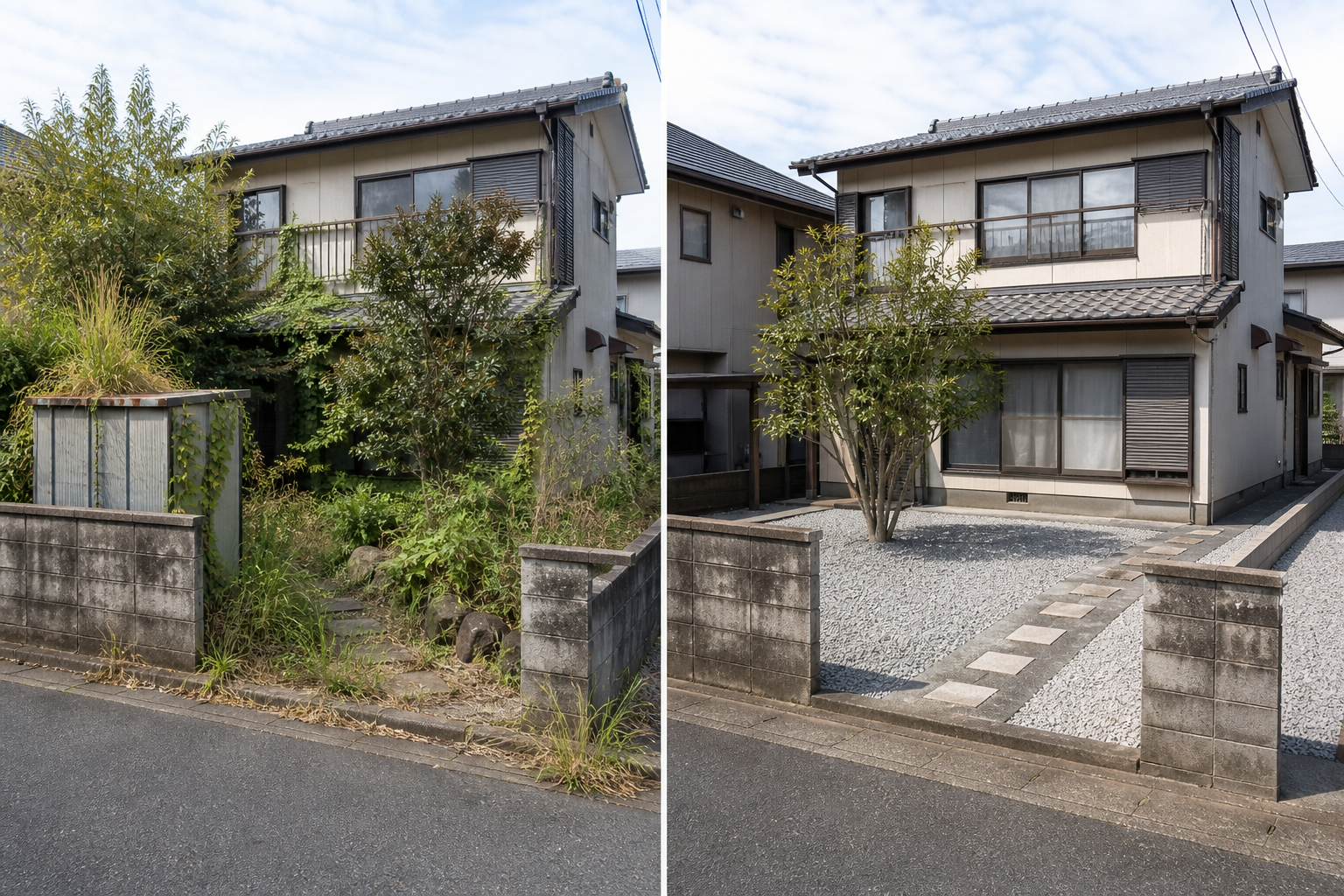 高木と生け垣を整理して剪定や草取りを減らした庭の完成イメージ